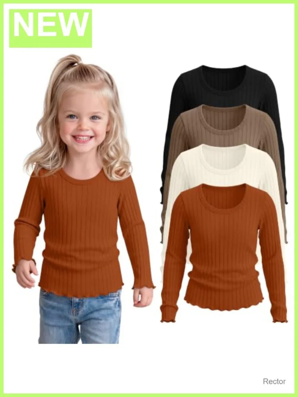 Toddler Girls Long Sleeve Ribbed Scoop Neck Tees 4 Pack